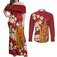 Hawaii King Kamehameha Couples Matching Off Shoulder Maxi Dress and Long Sleeve Button Shirt Plumeria Lauhala Pattern LT01 Red - Polynesian Pride