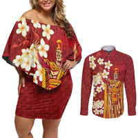 Hawaii King Kamehameha Couples Matching Off Shoulder Short Dress and Long Sleeve Button Shirt Plumeria Lauhala Pattern LT01 Red - Polynesian Pride
