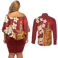Hawaii King Kamehameha Couples Matching Off Shoulder Short Dress and Long Sleeve Button Shirt Plumeria Lauhala Pattern LT01 - Polynesian Pride