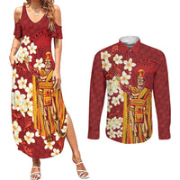 Hawaii King Kamehameha Couples Matching Summer Maxi Dress and Long Sleeve Button Shirt Plumeria Lauhala Pattern LT01 Red - Polynesian Pride