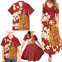 Hawaii King Kamehameha Family Matching Summer Maxi Dress and Hawaiian Shirt Plumeria Lauhala Pattern
