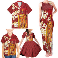 Hawaii King Kamehameha Family Matching Tank Maxi Dress and Hawaiian Shirt Plumeria Lauhala Pattern
