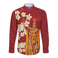 Hawaii King Kamehameha Long Sleeve Button Shirt Plumeria Lauhala Pattern LT01 Unisex Red - Polynesian Pride