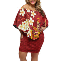 Hawaii King Kamehameha Off Shoulder Short Dress Plumeria Lauhala Pattern LT01 Women Red - Polynesian Pride
