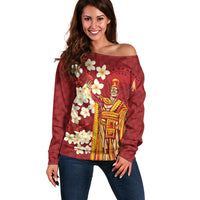Hawaii King Kamehameha Off Shoulder Sweater Plumeria Lauhala Pattern LT01 Women Red - Polynesian Pride