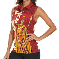 Hawaii King Kamehameha Women Sleeveless Polo Shirt Plumeria Lauhala Pattern LT01 - Polynesian Pride