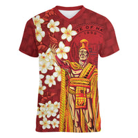 Hawaii King Kamehameha Women V-Neck T-Shirt Plumeria Lauhala Pattern LT01 Female Red - Polynesian Pride