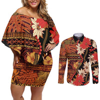 Hawaii Christmas Poinsettia Lei Couples Matching Off Shoulder Short Dress and Long Sleeve Button Shirt Tapa Pattern - Polynesian Pride