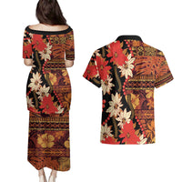 Hawaii Christmas Poinsettia Lei Couples Matching Puletasi and Hawaiian Shirt Tapa Pattern LT01 - Polynesian Pride