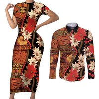 Hawaii Christmas Poinsettia Lei Couples Matching Short Sleeve Bodycon Dress and Long Sleeve Button Shirt Tapa Pattern - Polynesian Pride