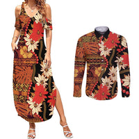 Hawaii Christmas Poinsettia Lei Couples Matching Summer Maxi Dress and Long Sleeve Button Shirt Tapa Pattern - Polynesian Pride