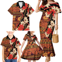 Hawaii Christmas Poinsettia Lei Family Matching Mermaid Dress and Hawaiian Shirt Tapa Pattern - Polynesian Pride