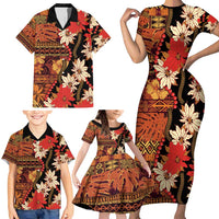 Hawaii Christmas Poinsettia Lei Family Matching Short Sleeve Bodycon Dress and Hawaiian Shirt Tapa Pattern - Polynesian Pride