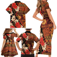 Hawaii Christmas Poinsettia Lei Family Matching Short Sleeve Bodycon Dress and Hawaiian Shirt Tapa Pattern - Polynesian Pride