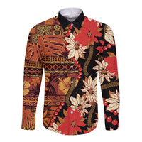 Hawaii Christmas Poinsettia Lei Long Sleeve Button Shirt Tapa Pattern LT01 Unisex Brown - Polynesian Pride