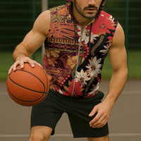 Hawaii Christmas Poinsettia Lei Sleeveless Zip Hoodie Tapa Pattern LT01 - Polynesian Pride
