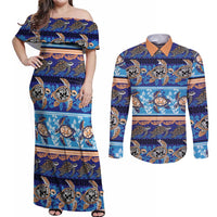 Hawaii Turtles Pattern Special Blue Couples Matching Off Shoulder Maxi Dress and Long Sleeve Button Shirt - Polynesian Pride