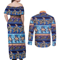 Hawaii Turtles Pattern Special Blue Couples Matching Off Shoulder Maxi Dress and Long Sleeve Button Shirt - Polynesian Pride