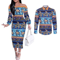 Hawaii Turtles Pattern Special Blue Couples Matching Off The Shoulder Long Sleeve Dress and Long Sleeve Button Shirt - Polynesian Pride