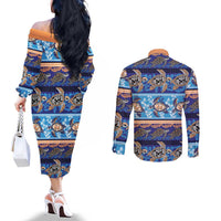 Hawaii Turtles Pattern Special Blue Couples Matching Off The Shoulder Long Sleeve Dress and Long Sleeve Button Shirt - Polynesian Pride