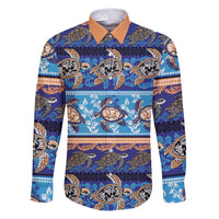 Hawaii Turtles Pattern Special Blue Family Matching Puletasi and Hawaiian Shirt LT01 Dad's Shirt - Long Sleeve Blue - Polynesian Pride