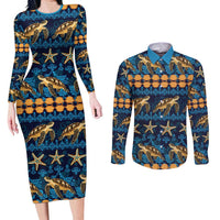 Hawaii Turtles Starfish Unique Pattern Couples Matching Long Sleeve Bodycon Dress and Long Sleeve Button Shirt - Polynesian Pride