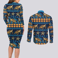 Hawaii Turtles Starfish Unique Pattern Couples Matching Long Sleeve Bodycon Dress and Long Sleeve Button Shirt - Polynesian Pride