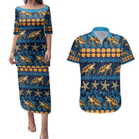 Hawaii Turtles Starfish Unique Pattern Couples Matching Puletasi and Hawaiian Shirt LT01 Blue - Polynesian Pride