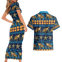 Hawaii Turtles Starfish Unique Pattern Couples Matching Short Sleeve Bodycon Dress and Hawaiian Shirt - Polynesian Pride