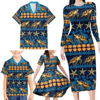 Hawaii Turtles Starfish Unique Pattern Family Matching Long Sleeve Bodycon Dress and Hawaiian Shirt - Polynesian Pride