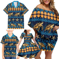 Hawaii Turtles Starfish Unique Pattern Family Matching Off Shoulder Short Dress and Hawaiian Shirt - Polynesian Pride