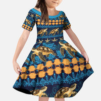 Hawaii Turtles Starfish Unique Pattern Family Matching Puletasi and Hawaiian Shirt LT01 Daughter's Dress Blue - Polynesian Pride