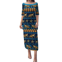 Hawaii Turtles Starfish Unique Pattern Puletasi LT01 Long Dress Blue - Polynesian Pride