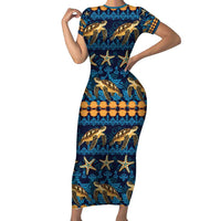 Hawaii Turtles Starfish Unique Pattern Short Sleeve Bodycon Dress - Polynesian Pride