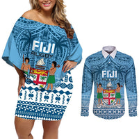 Fiji Rugby Couples Matching Off Shoulder Short Dress and Long Sleeve Button Shirts Fijian Go 2023 World Cup LT01 Blue - Polynesian Pride