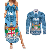 Fiji Rugby Couples Matching Summer Maxi Dress and Long Sleeve Button Shirts Fijian Go 2023 World Cup LT01 Blue - Polynesian Pride