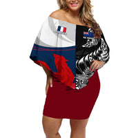 Custom New Zealand And France Rugby Off Shoulder Short Dress XV de France Kiwi Silver Fern 2023 World Cup LT01 Women Black - Polynesian Pride