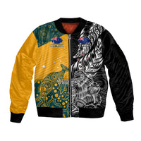 Custom New Zealand And Australia Rugby Sleeve Zip Bomber Jacket Wallabies Kiwi Silver Fern 2023 World Cup LT01 Unisex Black - Polynesian Pride