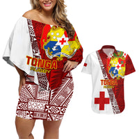 Tonga Rugby Couples Matching Off Shoulder Short Dress and Hawaiian Shirt Tongan Go 2023 World Cup LT01 Red - Polynesian Pride