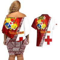 Tonga Rugby Couples Matching Off Shoulder Short Dress and Hawaiian Shirt Tongan Go 2023 World Cup LT01 - Polynesian Pride