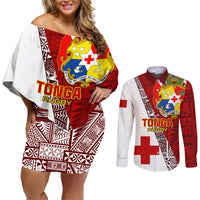 Tonga Rugby Couples Matching Off Shoulder Short Dress and Long Sleeve Button Shirts Tongan Go 2023 World Cup LT01 Red - Polynesian Pride