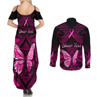 Personalised Pink Out Couples Matching Summer Maxi Dress and Long Sleeve Button Shirts Breast Cancer Awareness Polynesian Pattern Black Version LT01 - Polynesian Pride
