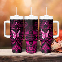 Personalised Pink Out Tumbler With Handle Breast Cancer Awareness Polynesian Pattern Black Version