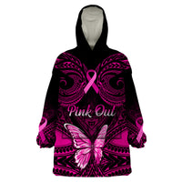 Personalised Pink Out Wearable Blanket Hoodie Breast Cancer Awareness Polynesian Pattern Black Version LT01 One Size Black - Polynesian Pride