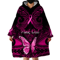 Personalised Pink Out Wearable Blanket Hoodie Breast Cancer Awareness Polynesian Pattern Black Version LT01 - Polynesian Pride