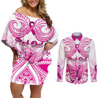 Personalised Pink Out Couples Matching Off Shoulder Short Dress and Long Sleeve Button Shirts Breast Cancer Awareness Polynesian Pattern White Version LT01 White - Polynesian Pride