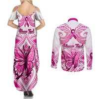 Personalised Pink Out Couples Matching Summer Maxi Dress and Long Sleeve Button Shirts Breast Cancer Awareness Polynesian Pattern White Version LT01 - Polynesian Pride