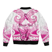 Personalised Pink Out Sleeve Zip Bomber Jacket Breast Cancer Awareness Polynesian Pattern White Version LT01 - Polynesian Pride