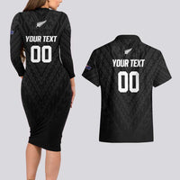 Custom Football New Zealand Couples Matching Long Sleeve Bodycon Dress and Hawaiian Shirt Aotearoa United Black Version - Polynesian Pride