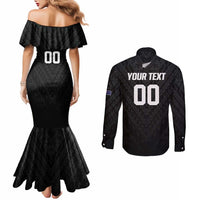 Custom Football New Zealand Couples Matching Mermaid Dress and Long Sleeve Button Shirt Aotearoa United Black Version - Polynesian Pride